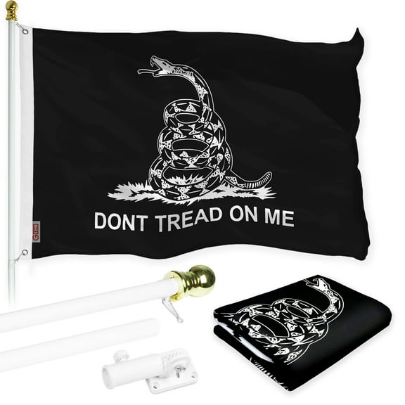 G128 Combo Pack: Flag Pole 6 FT White Tangle Free & Gadsden Black and White Flag 3x5ft 150D Printed Polyester