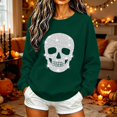 thumbnail image 2 of WEIWEN Halloween Sweatshirts for Women Oversized Skull Printed Long Sleeve Fall Outfits Halloween Sweaters for Women Going Out Tops Women's Clothing Spooky Season Clothes Dark Green, S, 2 of 5