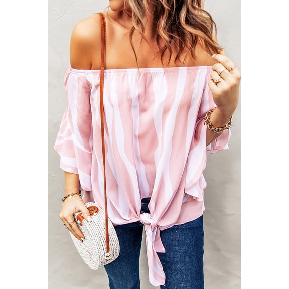 Off The Shoulder Vertical Stripes Blouse in Pink