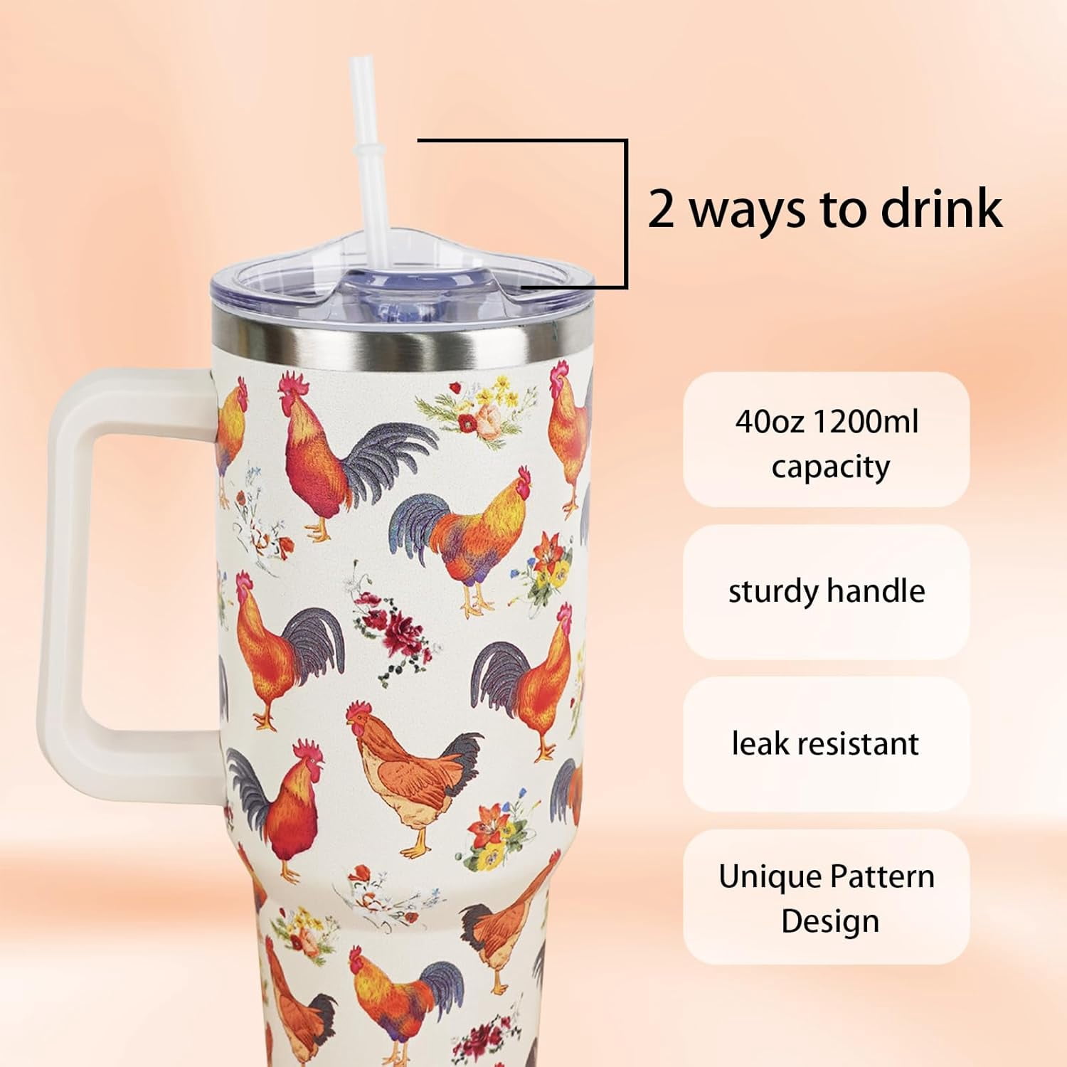 Chicken breed 40 Oz Tumbler with Handle and Straw Breeds of Chicken Cup Tumbler Coffee Travel Mug, Chicken Gifts for Chicken Lovers Rooster Gifts, Christmas Birthday Gifts for Women, Friends, Girls