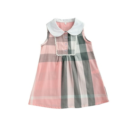 

Kids Baby Girl Dress Sleeveless Peter Pan Collar A-line Plaid Sundress Clothes