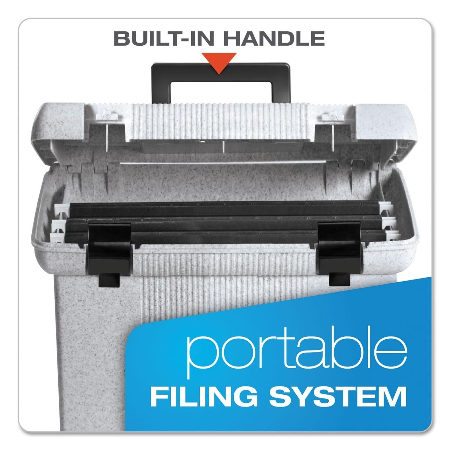 Portable File Box, 11x14x11.125", Granite - Letter Size Hanging Folder Storage - On-The-Go Document Organizer with Handle & 3 Hanging Folders 11"H x 14" W x 11 1/8" D