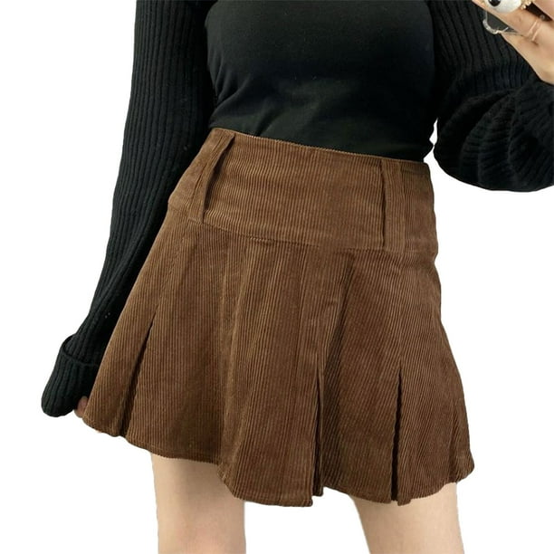 EYIIYE Women Casual High Waisted A Line Skirt Corduroy Pleated Mini Skirt