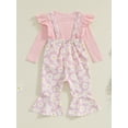 thumbnail image 4 of Suealasg Toddler Girls Fall Outfits Set Clothes 1T 2T 3T 4T 5T Fly Sleeve Ribbed T-shirt +Daisy Print Suspender Flared Pants 2Pcs Autumn Clothing for Little Girls, 4 of 7