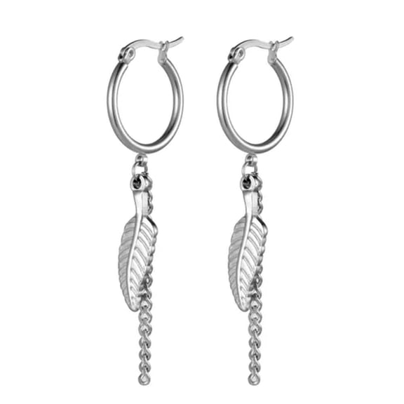 MATROOY Stainless Steel Feather Tassel Hoop Hinged Drop Dangle Earrings For Men Women-Silver