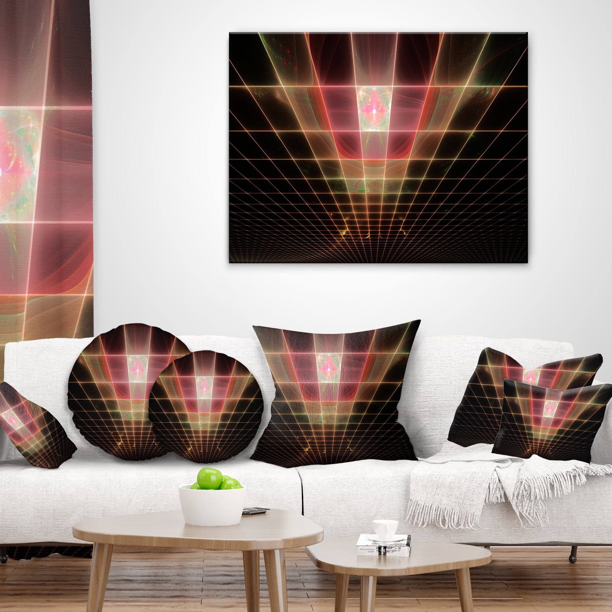 Designart Pink on Black Laser Protective Grids - Abstract Throw Pillow - 16x16