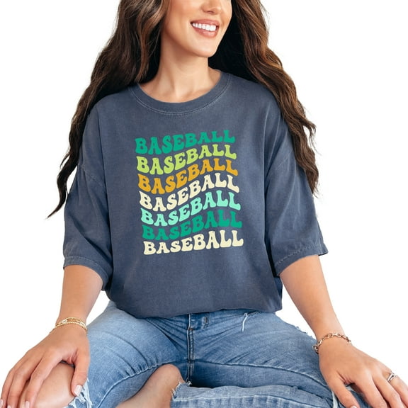 Baseball, Sports Themed, Groovy Retro Wavy Text, Denim Comfort Colors T-Shirt, Small