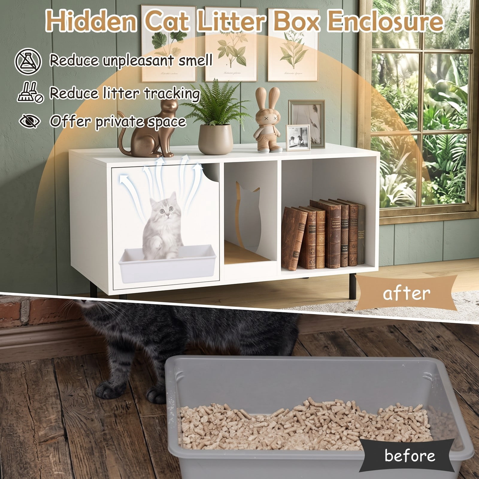 ALPULON 40 Inch Cat Litter Box Enclosure for 2 Cats, Hidden Cat Washroom Furniture with Scratching Board, Side Table Litter Box Cabinet with Countertop and, White