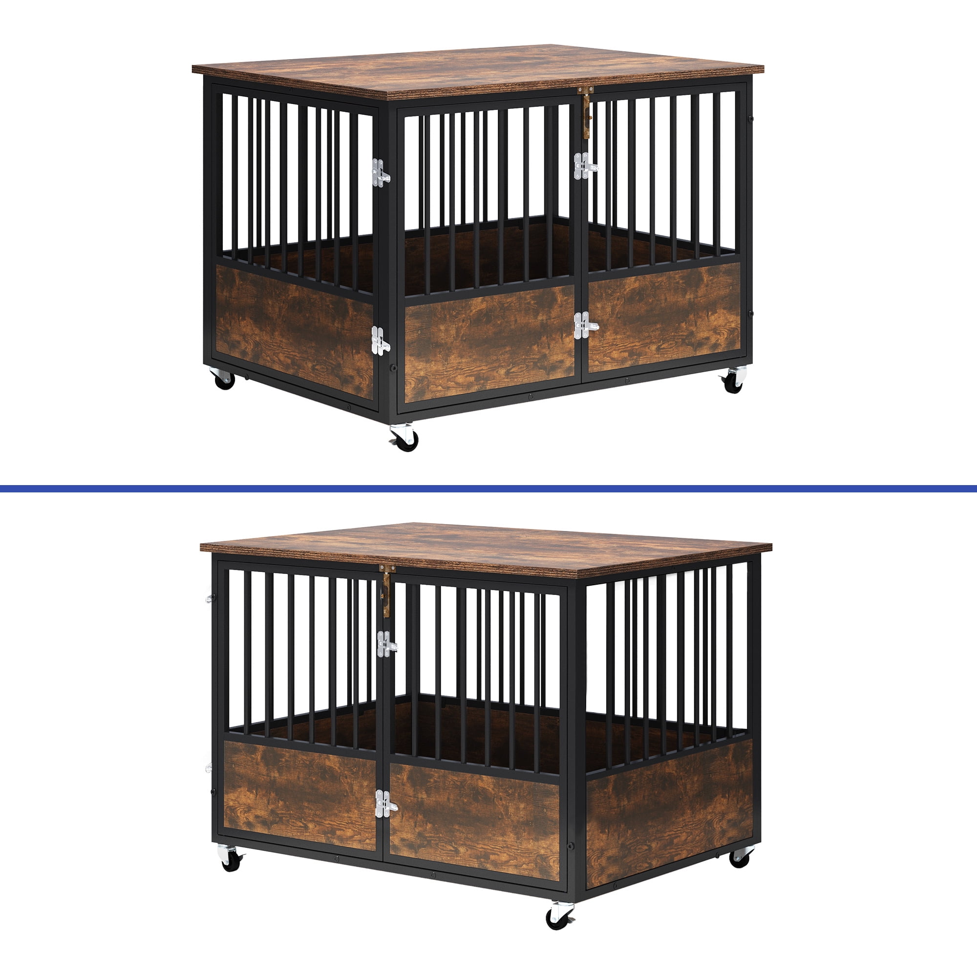 ModFusion 43" Metal Dog Crate Furniture Double Door Wheels Indoor Outdoor Kennel