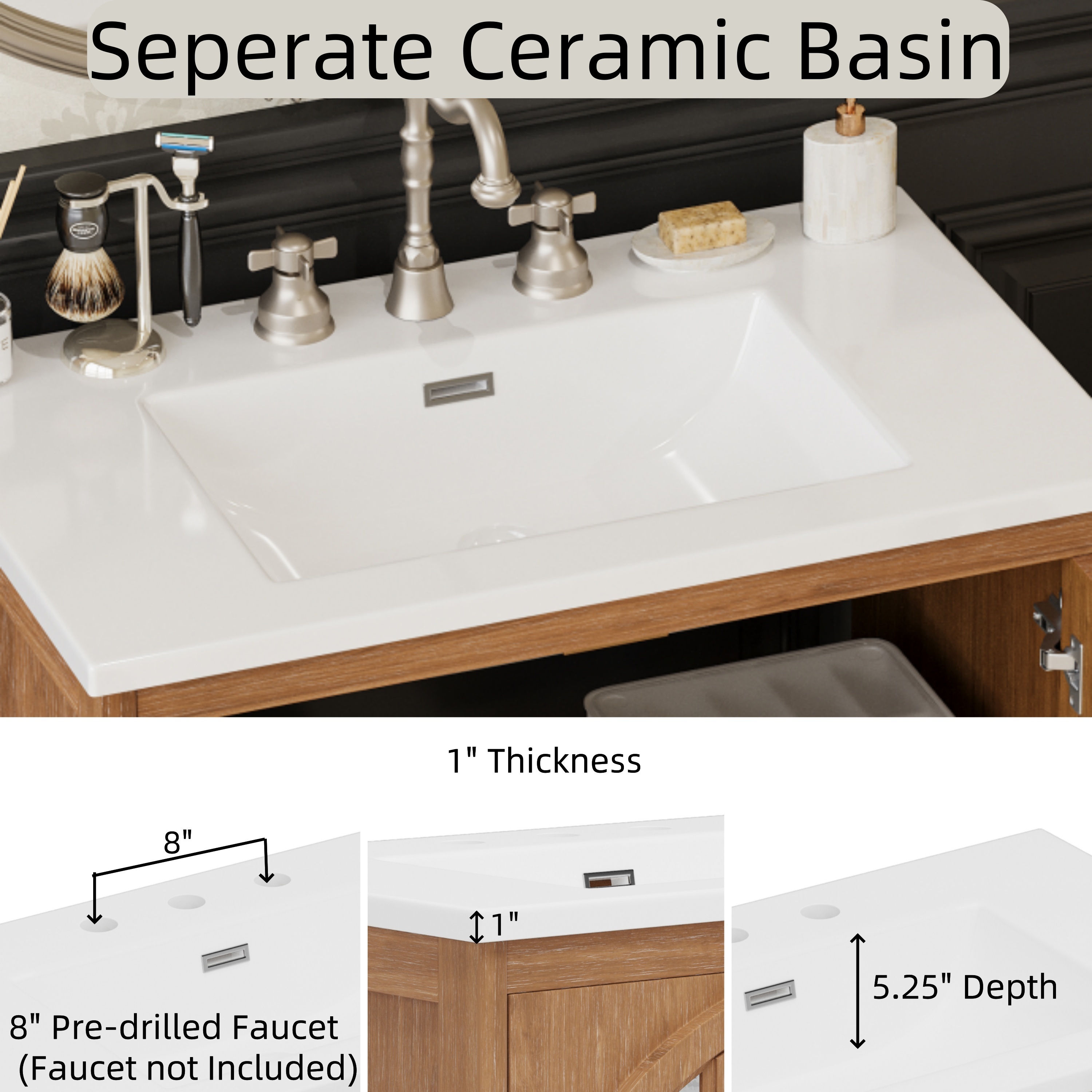 Euroco 31" Farmhouse Bathroom Vanity with Ceramic Sink, Vintage Rustic Bathroom Cabinet with Bronze Pulls and 2 Soft-Closing Doors, Antique Natural