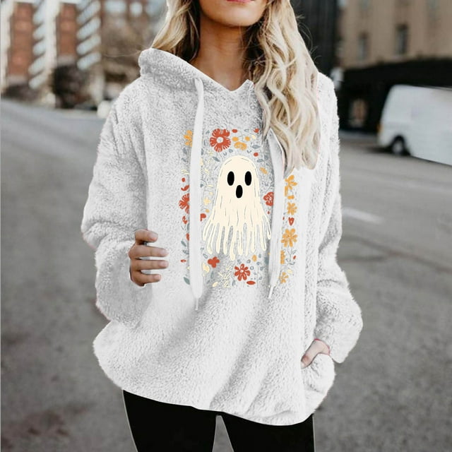 HongQid Fuzzy Hoodies for Women Pullover Graphic Hoodie Cozy Winter Pockets Hooded Sweatshirt Athletic Fleece Hoodies
