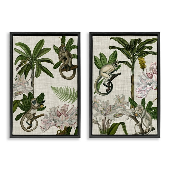 Stupell Industries Tropical Trees & Monkeys Plants & Flowers Painting Black Floater Framed Canvas Art Print Wall Art, 17 x 25, Set of 2