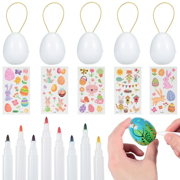 Shininglove 30 Pieces Easter Eggs Decorations Kit White Blank DIY Easter Egg Paint Kit with Rope, 8 Pens for Party Supplies