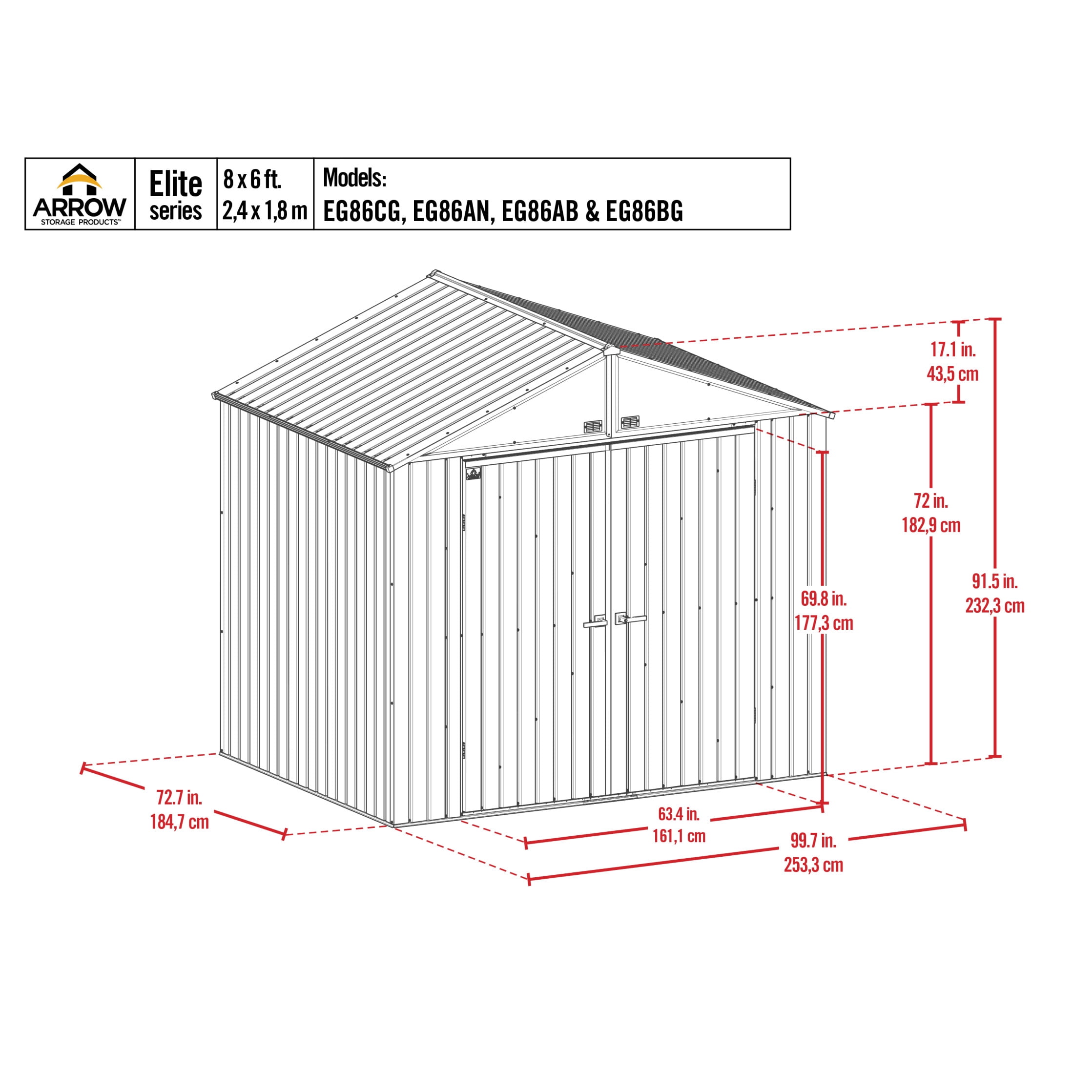 Arrow Elite 8 x 6 x 8 ft Cool Grey Steel Storage Shed