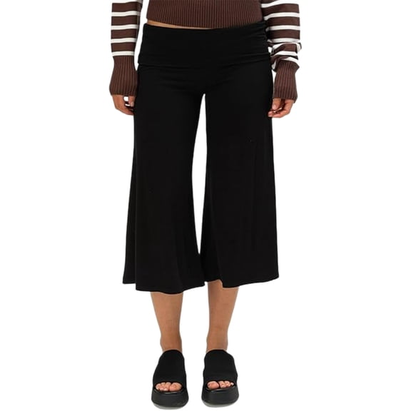 Womens Trendy Wide Leg Capri Pants Flowy Low Foldover Waist Cropped Trousers Lightweight Casual Stretchy Yoga Sweat Pants Black