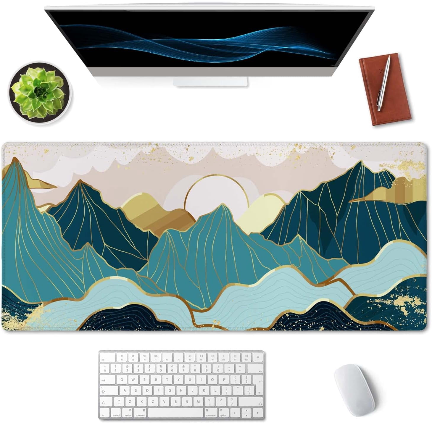Gold Mountain with Landscape Line Arts Mouse Pad 35.4 x 15.7 Inch XXL Full Desk Mousepad Extended Large Non-Slip Rubber Base Waterproof Big Keyboard Mat with Stitched Edges for Gaming and Office