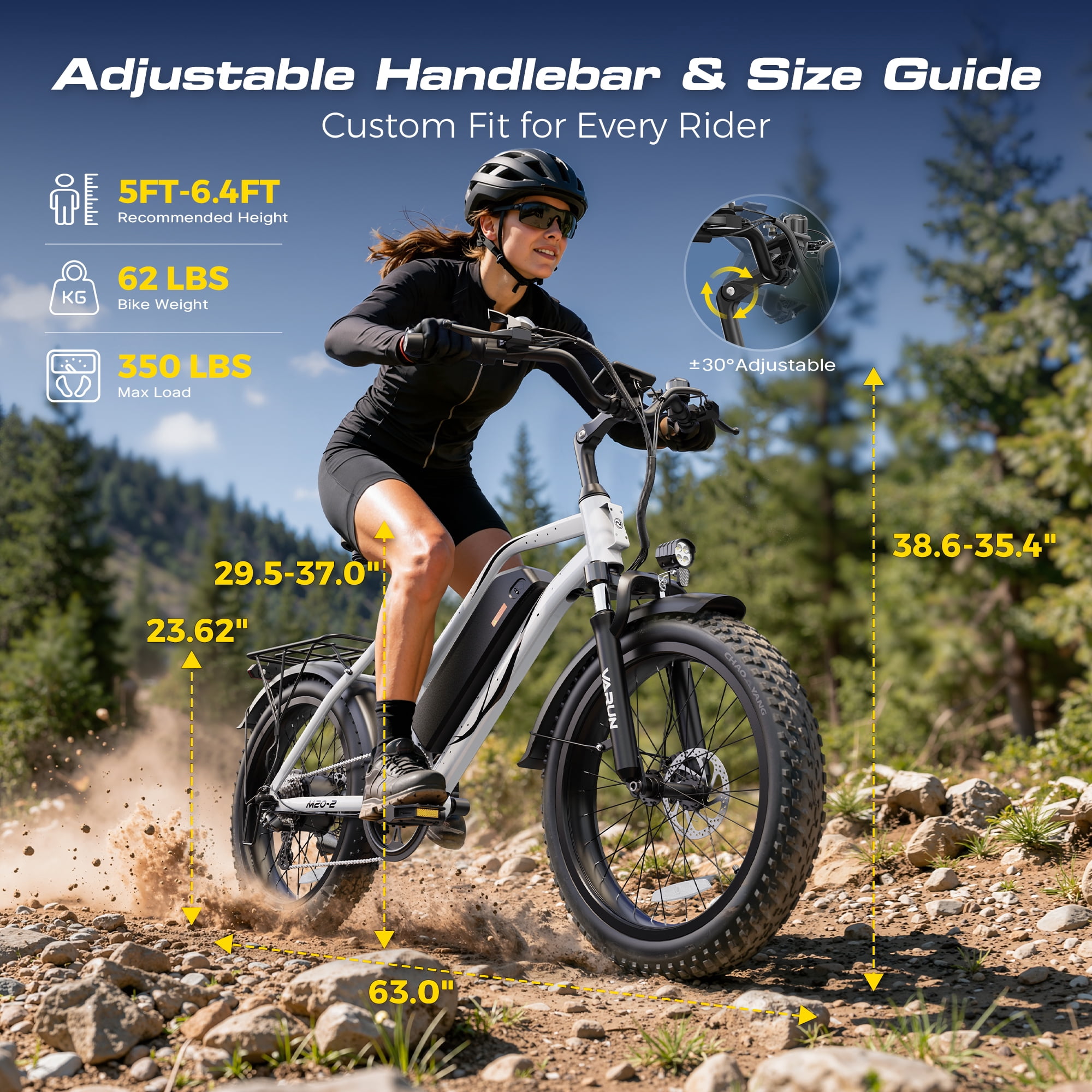 VARUN Electric Bike, 20" Fat Tire EBike for Adults with Peak 750W 48V 624Wh Removable Battery, Electric Mountain Bike for Men & Women with Top 20MPH 60Miles,7 Speed, Rear Rack, UL2849