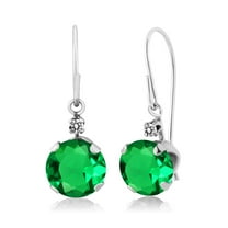 Gem Stone King 14K White Gold Green Nano Emerald and White Diamond Leverback Dangle Earrings for Women (1.57 Cttw, Gemstone May Birthstone, Round 6MM)