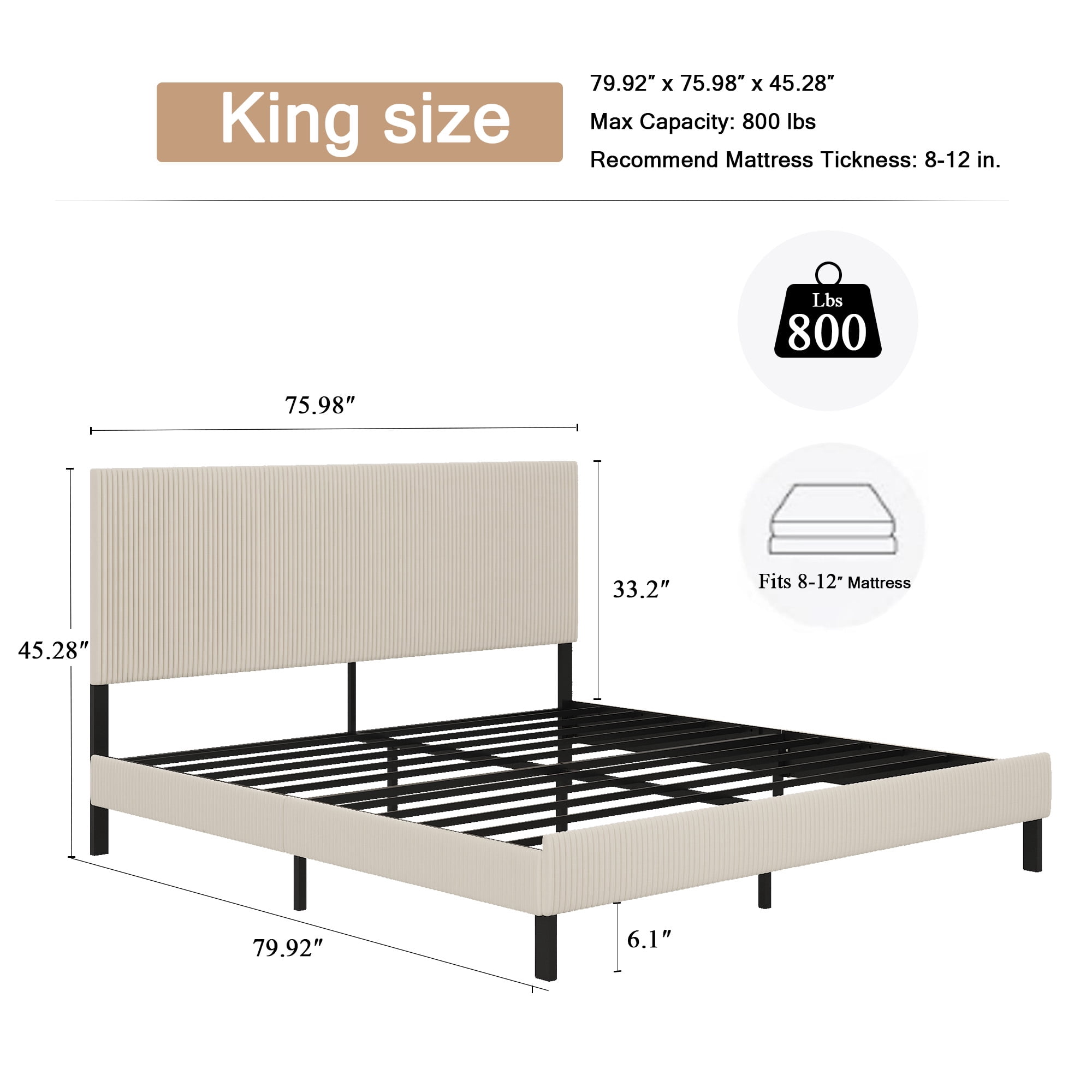 Yoneston King Size Bed Frame with Bandaged Upholstered Headboard for Adults Bedroom No Box Spring Required Easy to Assembly, Beige
