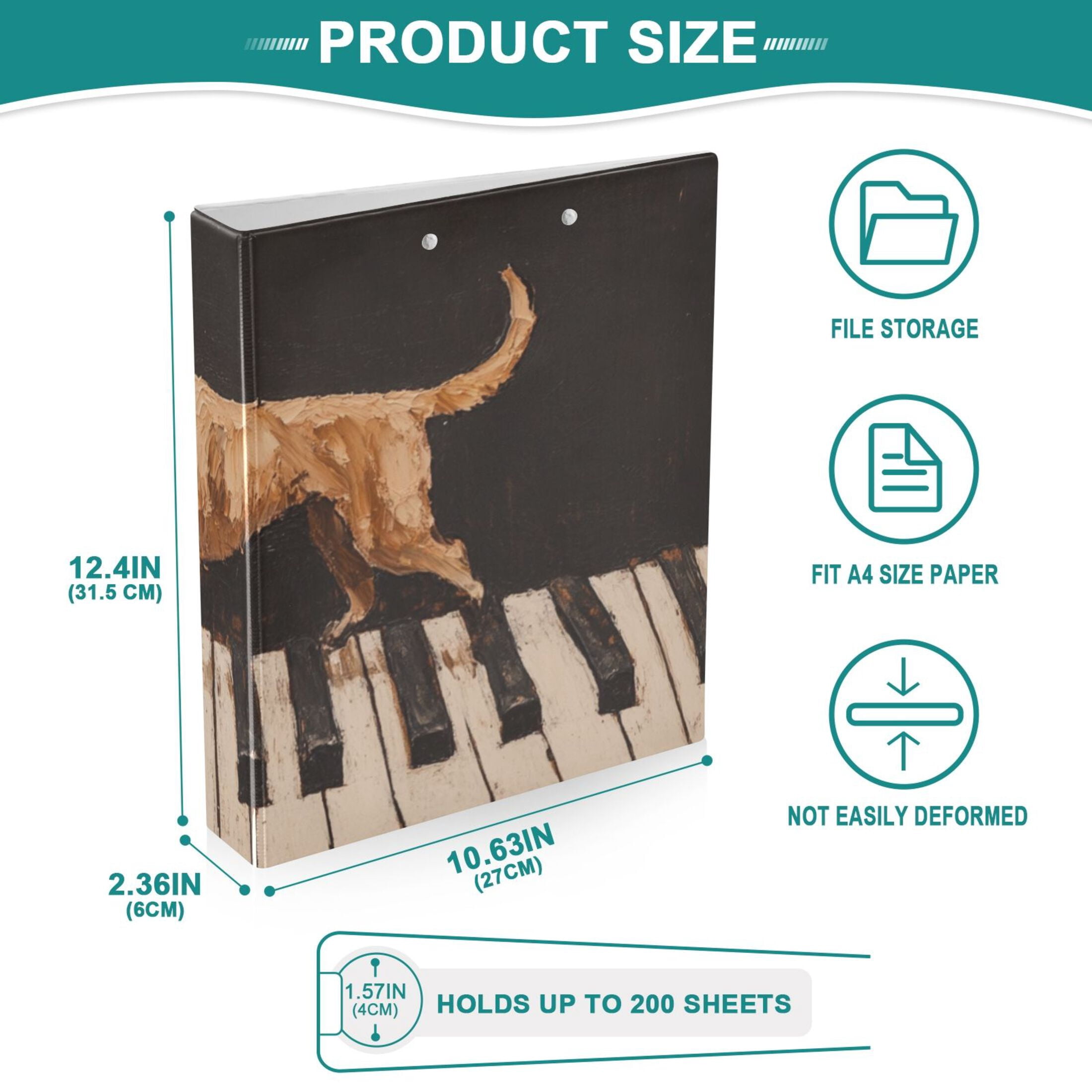Dog on Piano 3 Ring Binders 1.5 inch Hardcover File Folders with Interior Pockets A4 Size Organizer for School Office Hospital