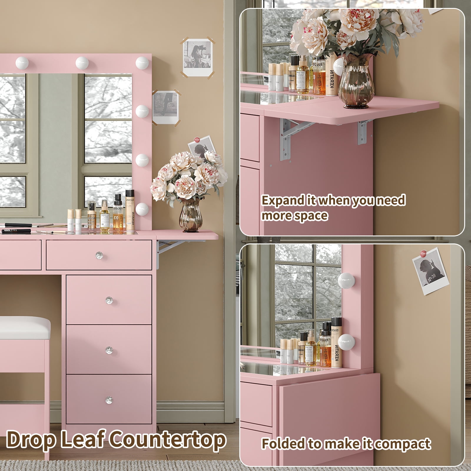 Makeup Vanity with Power Outlet, 9 Drawers Vanity Desk with Mirror and 12 LED Lights, 3 Lighting Modes, Glass Top Vanity Set,Dressing Table with Fold-Up Pane
