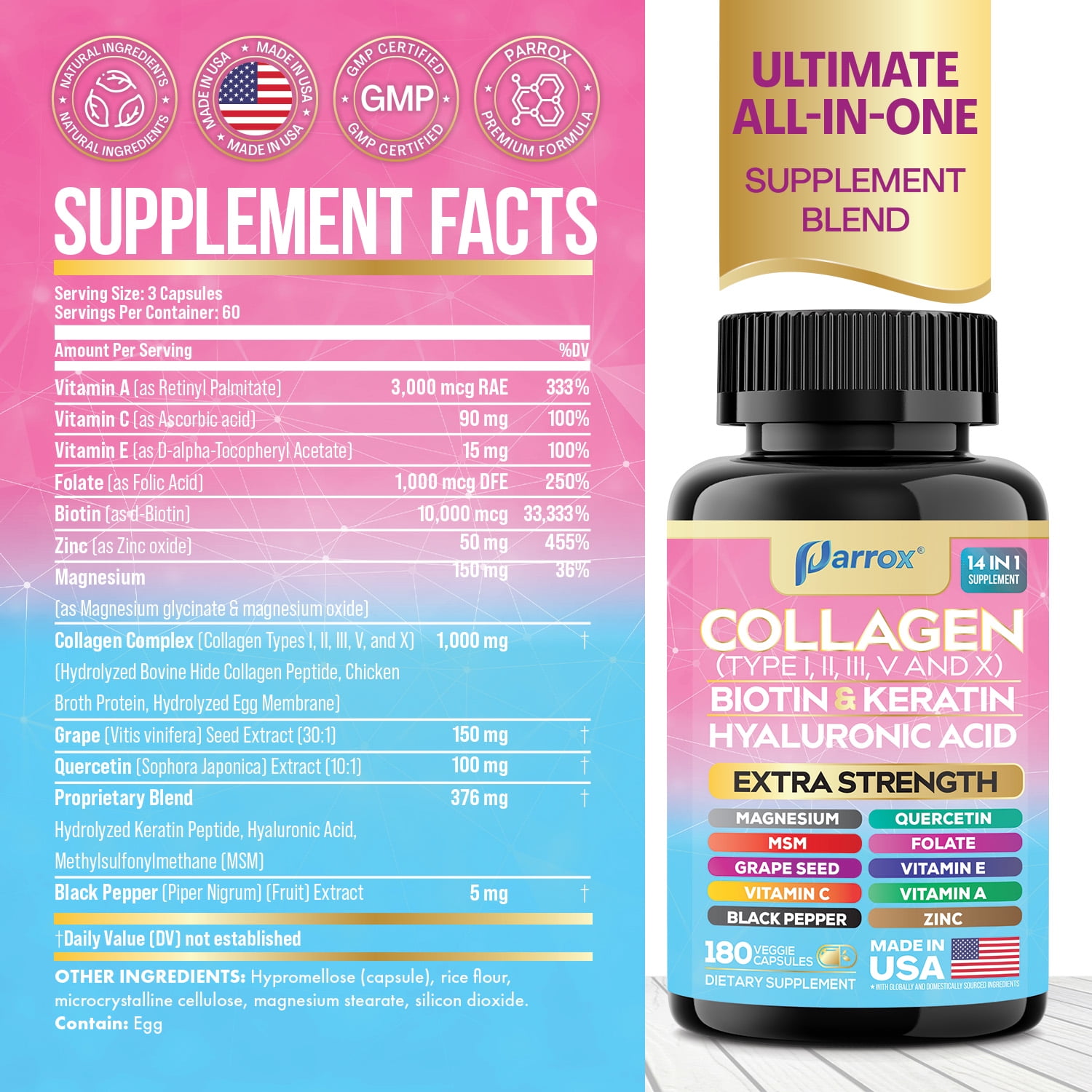 Parrox Collagen Peptides Types I, II, III, V & X, MCG Biotin, Keratin, Hyaluronic Acid, MSM, Zinc, Grape Seed Extract, Quercetin, Vitamin A, Vitamin C, Vitamin E, Magnesium, Folic Acid (180 Capsules)