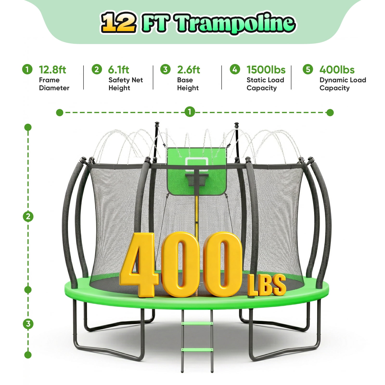 Outdoor Trampoline,Gardwin 12FT/14FT Round Trampoline with with Ladder,Sprinkler,Basketball Hoop Board,Recreational Backyard Trampolines Anti-Rust for Kids Gift