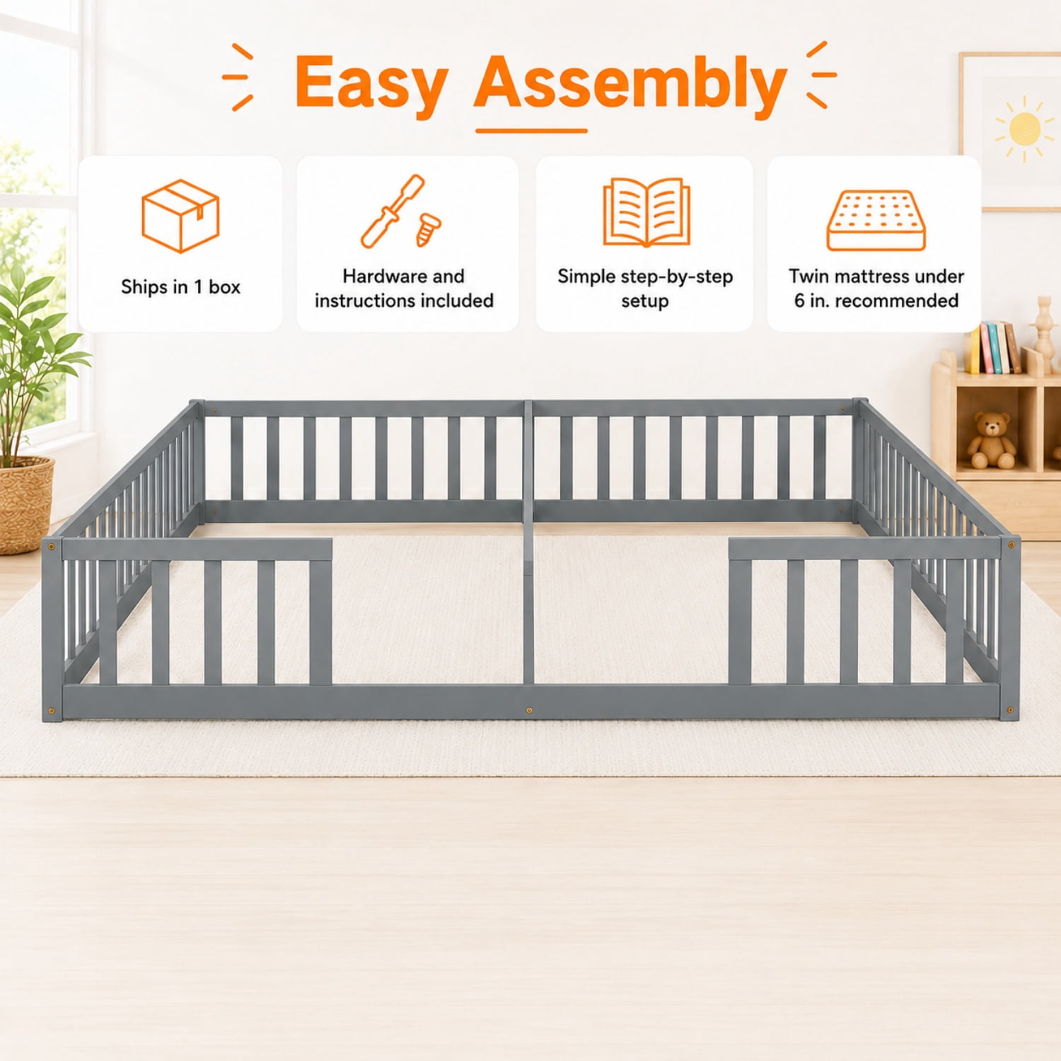 Miniyam Double Twin Floor Bed for Kids, Wood Bed Frame with Guardrails, Low Profile Design, Gray