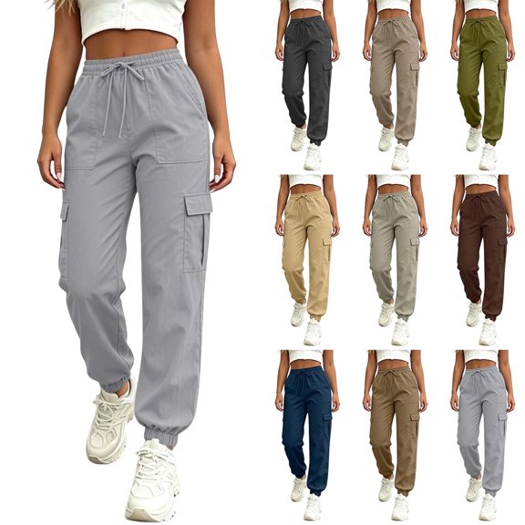 Womens Cargo Pants,High Waist Drawstring Waist Elastic Cuffs,Multi Pockets Solid Color Casual Workout Joggers