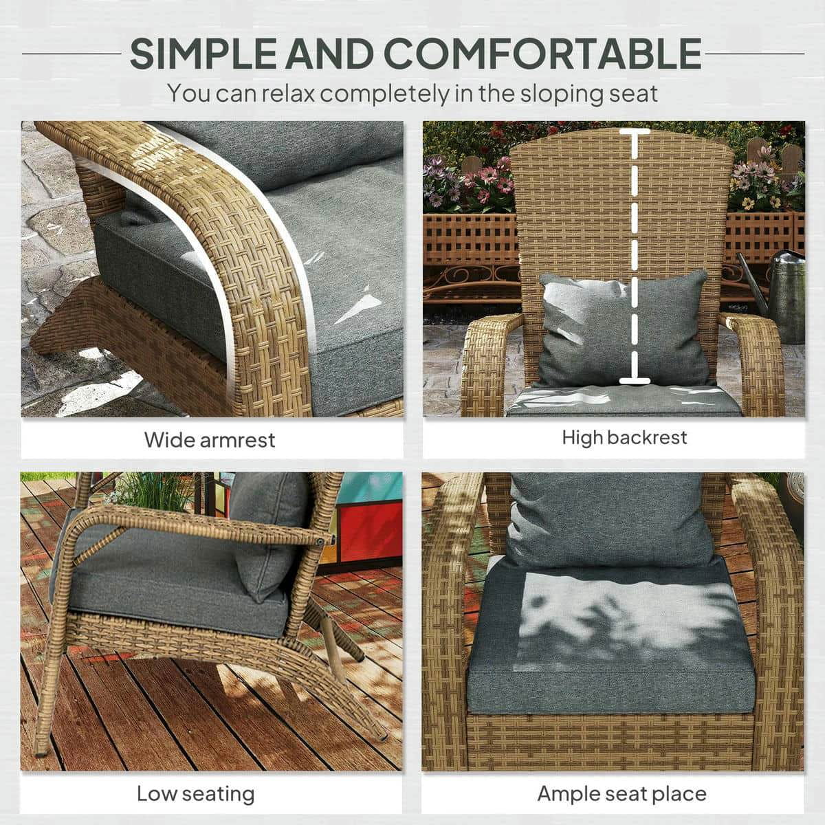 Spaco Patio Adirondack Chair with Rattan Wicker, Rattan Chair with Soft Cushions and Tall Curved Backrest for Outdoor, Charcoal Gray