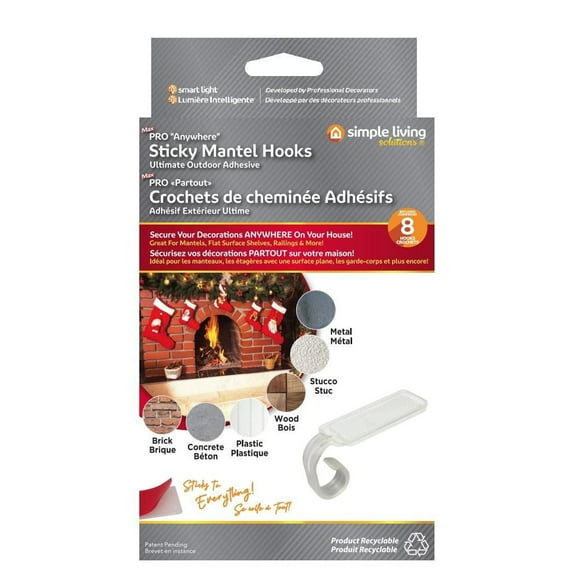 Simple Living Solution's Max Pro Sticky Mantel Hooks 8-Count Seasonal Light Strand Adhesive Plastic Clips - Clear