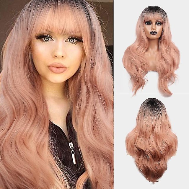 Peluca rosa con flequillo Pelucas onduladas largas para mujer Peluca rosa Ombre con flequillo Pelucas sintéticas Pelucas de pelo largo natural resistente al calor para fiestas diarias Cospl kaili Sencillez