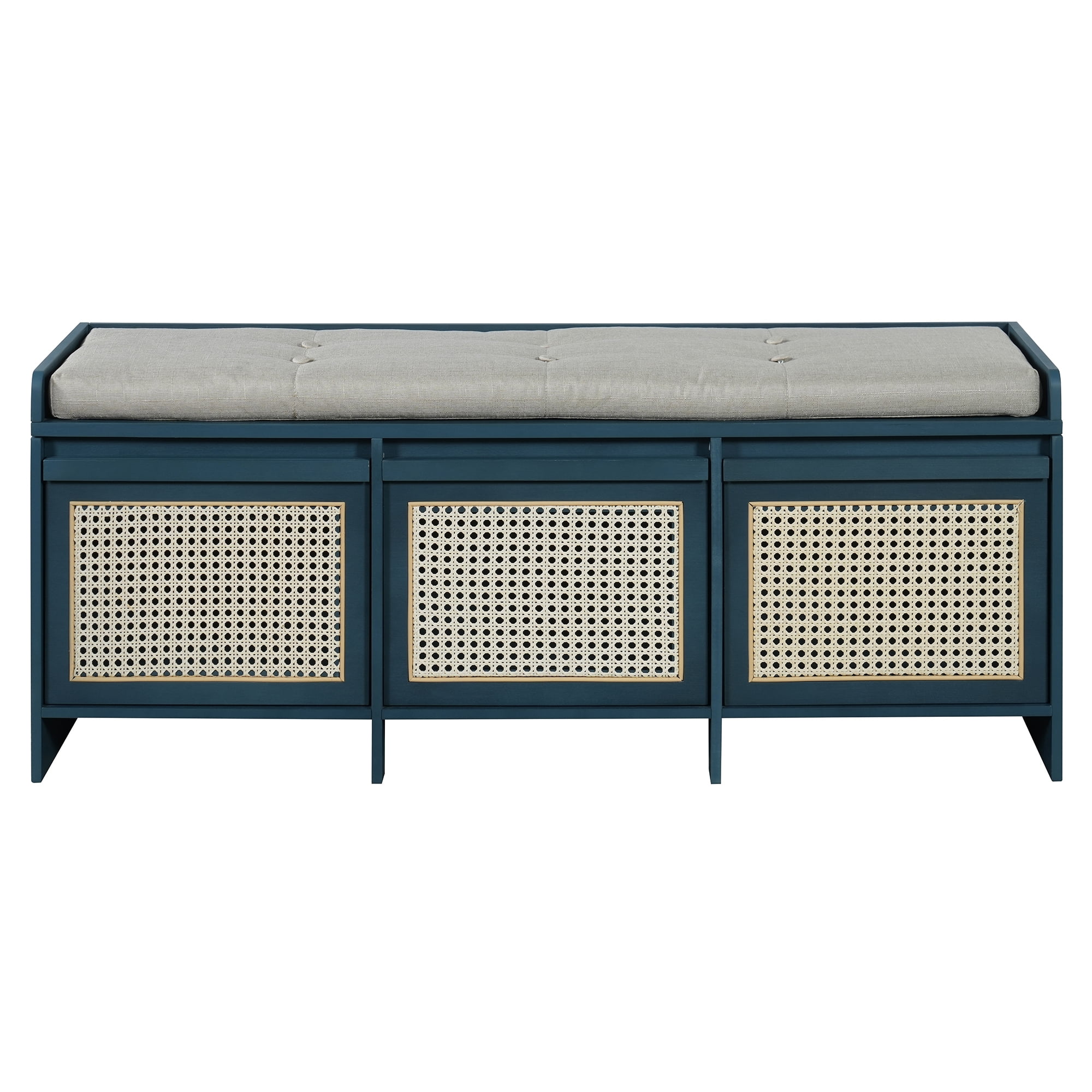 Euroco 48" Shoe Storage Bench, Retro Entryway Bench with 3 Rattan Drawers,Lift Top Storage & Removable Upholstered Cushion,Wooden Shoe Rack Bench for Living Room, Hallway, Foyer,Antique Navy