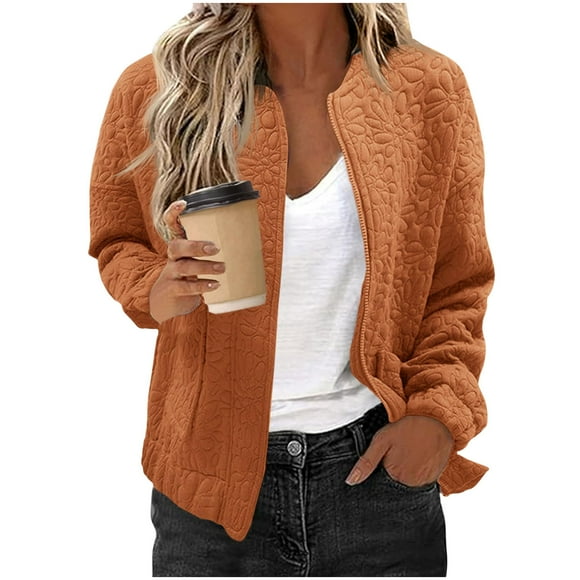 aohooy Womens Bomber Jackets Lightweight Full Zip Up Fall Cute Jacquard Coats Stand Collar Elegant Dressy Trendy Varsity jacket Orange,L