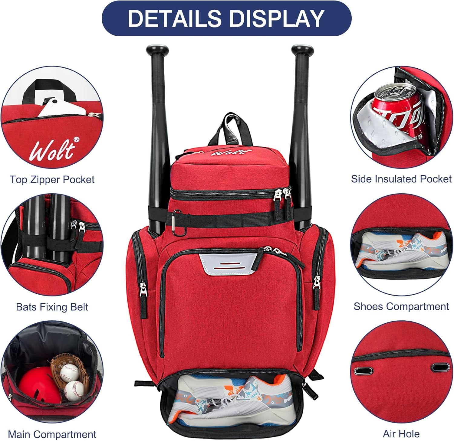 WOLT Baseball Bag Backpack for Youth Adults Baseball Equipment Bag Multifunctional Sport Backpack for Ball Darkred