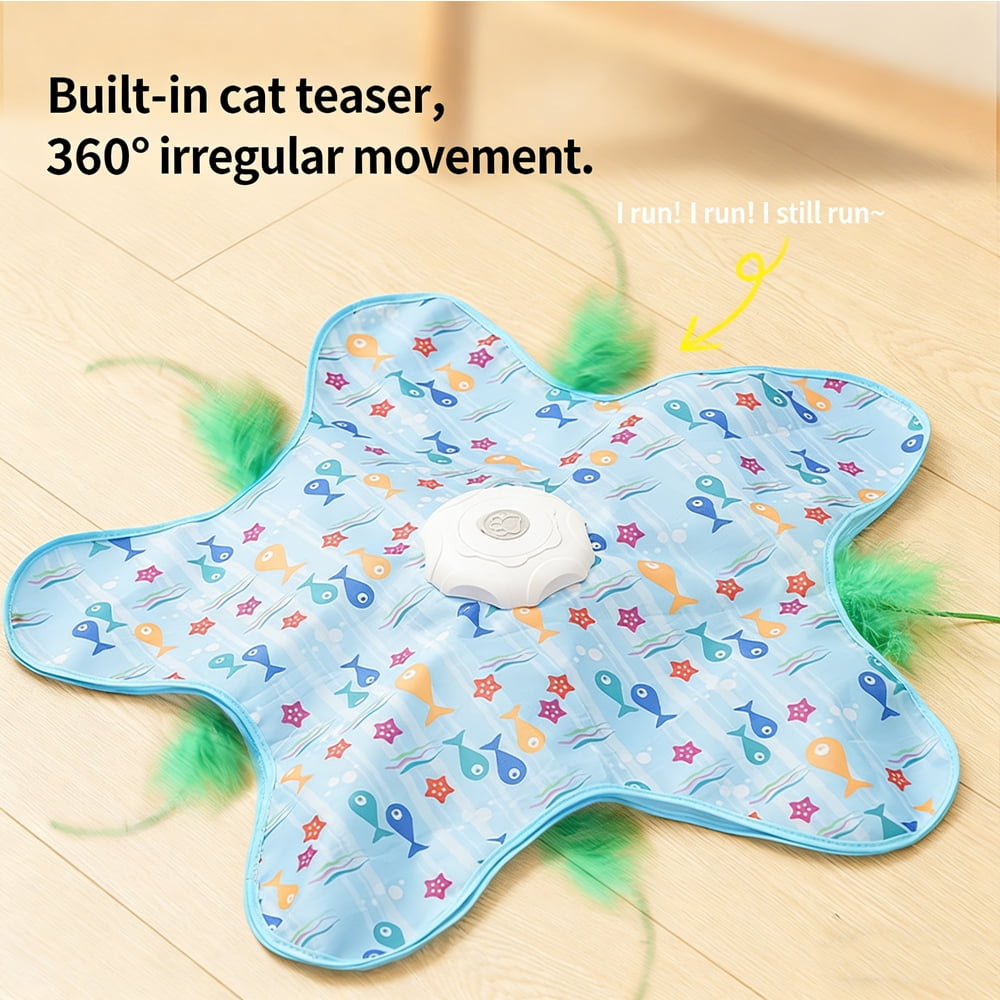 Cat Toy Mat: Automatic Interactive Star-Shaped Cat Teaser Mat - 360 °   Irregular Feather Movement, USB Rechargeable (Blue Fish Pattern)