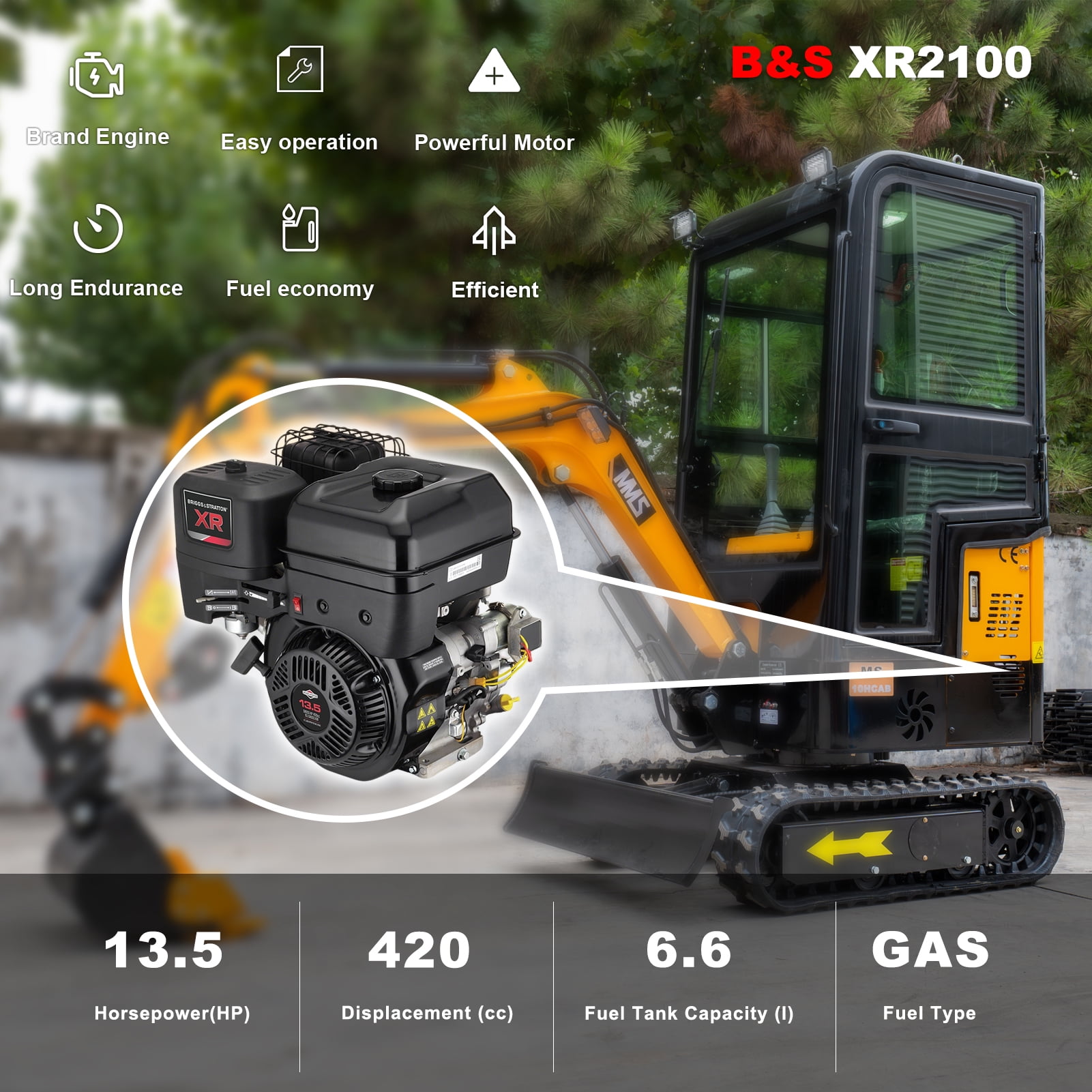 MMS 13.5HP 420CC Mini Excavator With B&S GAS Engine Crawler Hydraulic MS10HCAB 1 Ton Small Digger Enclosed Cab Excavator for Construction Work Gardens and Farm