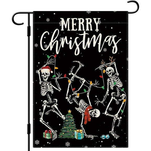 diyeu Merry Christmas Skeleton Garden Flag Funny Skull Garden Flag 12×18 Inch Double Sided Vertical Burlap Farmhouse Yard Flag Christmas Winter Outdoor House Decoration