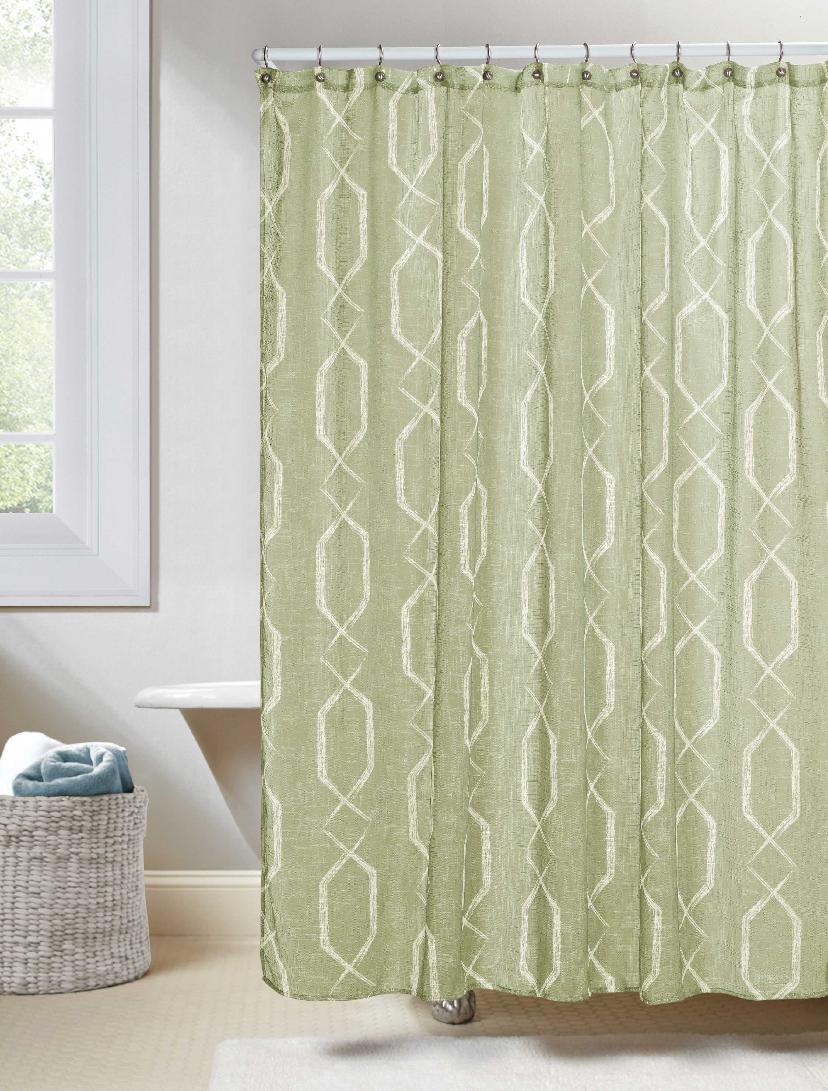 Sage Linen Textured Sheer Fabric Shower Curtain White Geometric Design