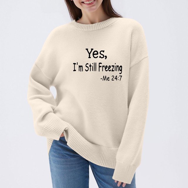 HOZADOIE Chandails pour Femmes Imprimé Lettre Couleur Unie Manches Longues Col Rond Polyvalent Ample Simple Confortable Chandail Automne Hiver Style