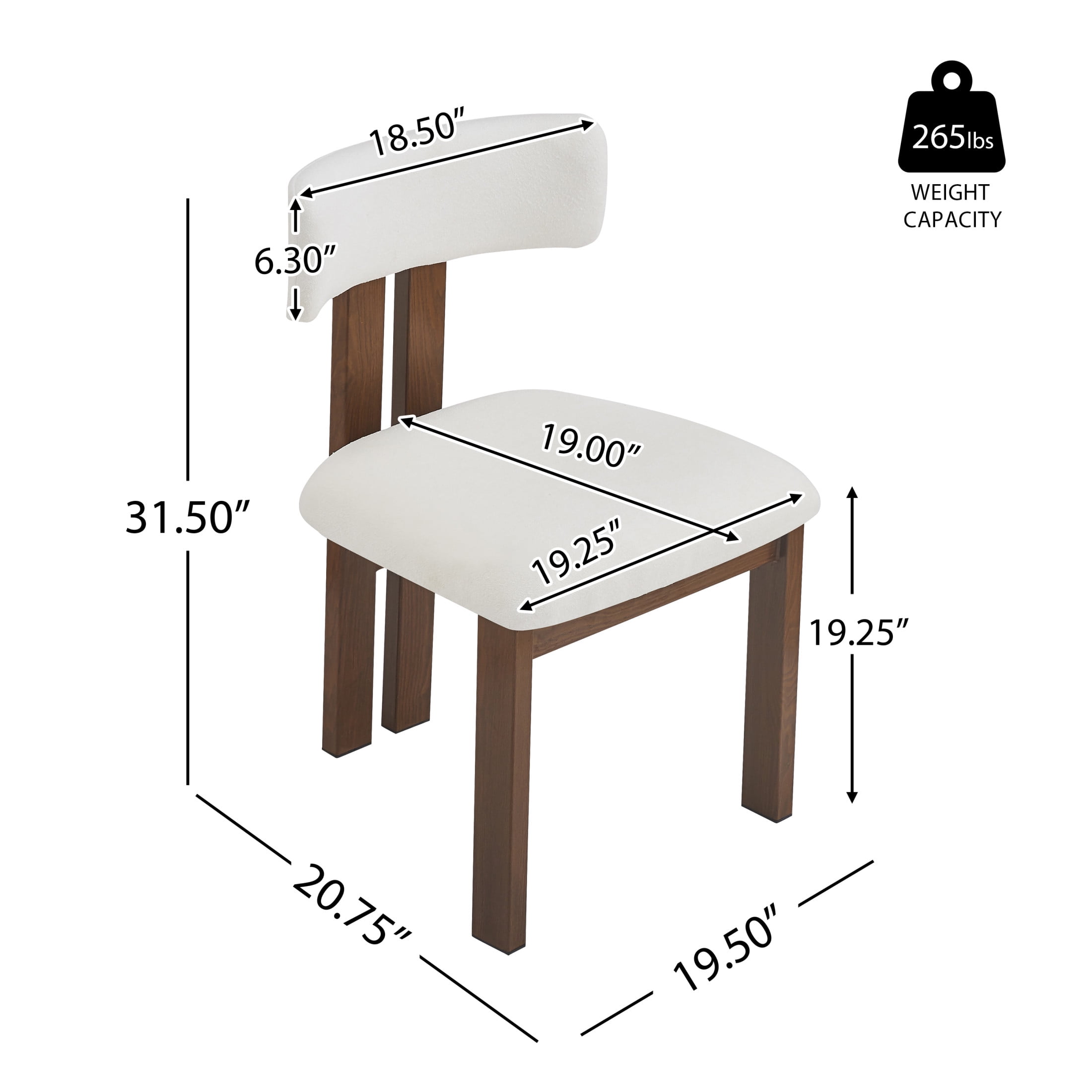 Simplicity Armless Dining Chairs with U-Shaped Seats & Metal Legs, White+Dark Brown, Set of 2
