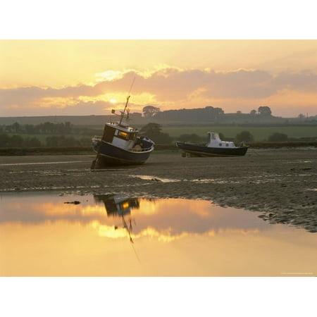 Fishing Boat at Sunset on the Aln Estuary at Low Tide, Alnmouth, Northumberland, England Print Wall Art By Lee