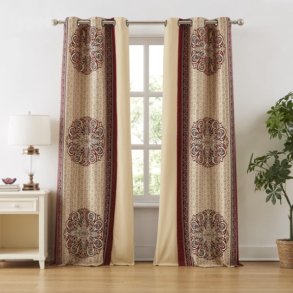 Nanshing Medallion Grommet Light Filtering Medallion Curtain Set, Red Gold, 37" x 84"