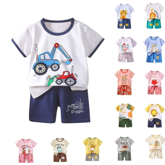 Bixock Boys Girls 2 Piece Loungewear SetPrint Short Sleeve Round Neck Cotton Shirts and Casual Shorts Summer Toddler Clothes Size 0-8Y