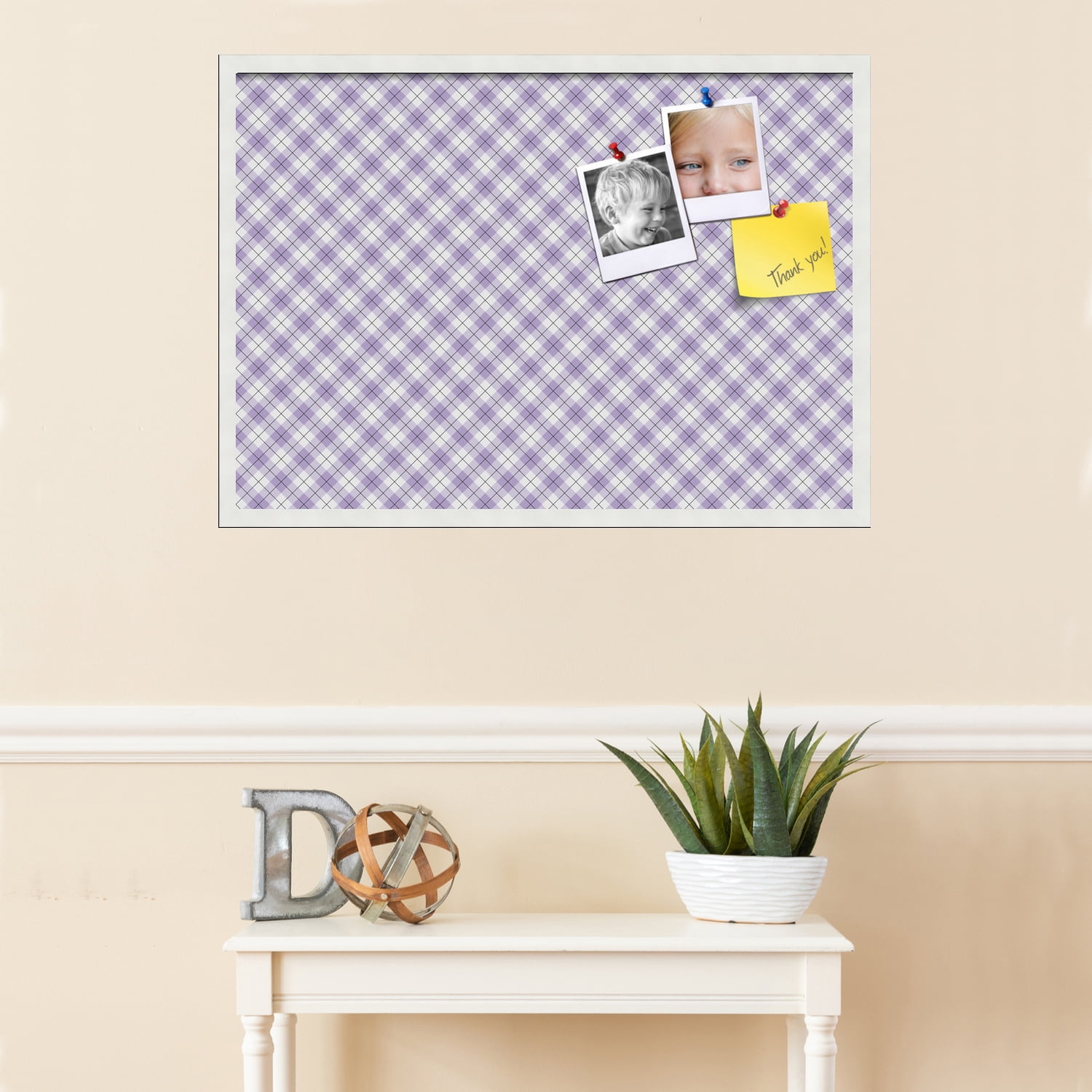 PinPix ArtToFrames 32x22 Custom Cork Bulletin Board Argyle Lilac   Poster Board Has a Fabric Style Canvas Finish, Framed in Satin White Frame (PinPix-639)