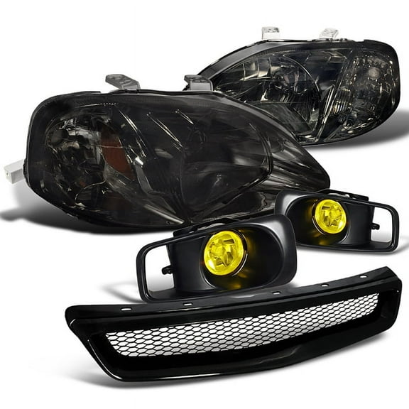 Spec-D Tuning Smoked Lens Headlights Black Grill Yellow Fog Lights Compatible with 1999-2000 Honda Civic Dx Ex Lx Si