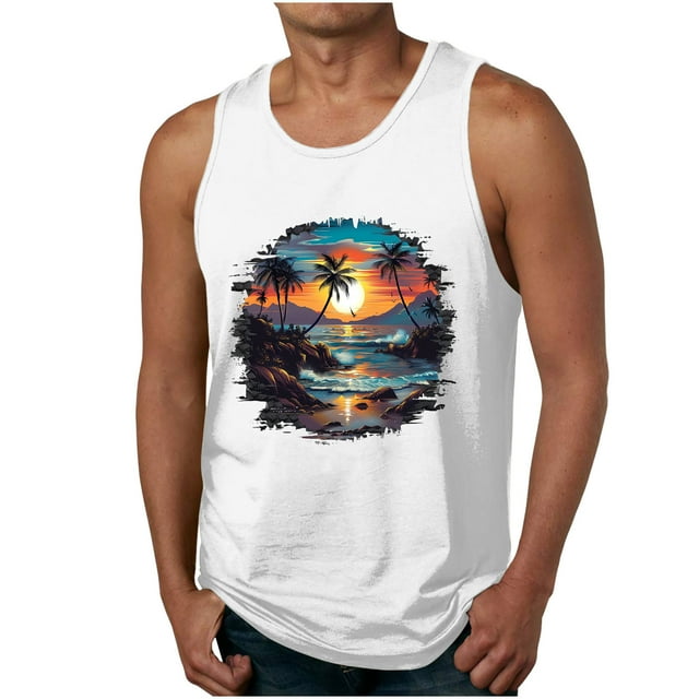 Casual Tops de Verano de la Moda de los Hombres sin Mangas Impreso Cuello Redondo, Camisa Ligera Y Cómoda para Diario