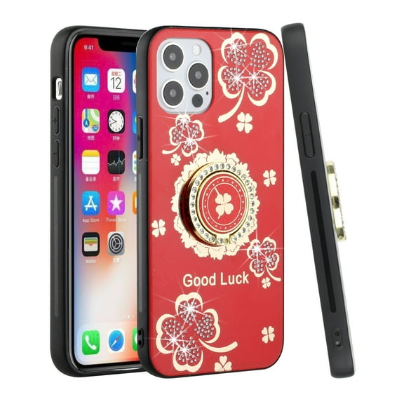 For Apple iPhone 8 Plus/7 Plus/6 6S Plus Fashion 3D Diamond Bling Sparkly Ornaments Engraving Hybrid Ring Stand Cover ,Xpm Phone Case [Red Good Luck Floral]