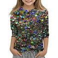 thumbnail image 3 of Jinhomg Thin Shirts for Girls 2025 Novelty Sequin Print Casual Tops Lightweight Comfy 3/4 Sleeve Crew Neck Pullover Kids Holiday Party Wear Spring Saving Today Silver #1, 3 of 6