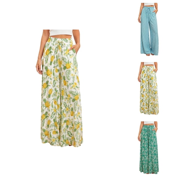 Palazzo Pants for Women 2026 Spring Summer Loose Fit Elastic High Waist Wide Leg Flowy Boho Beach Pants with Pockets